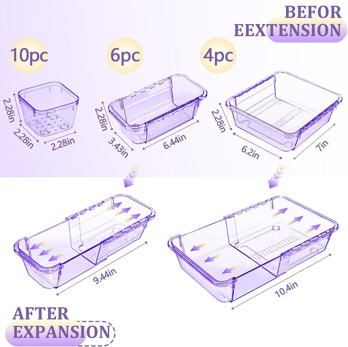 Adjustable Clear Drawer Organizer, Extendable Vanity Storage Bins, Desk Drawer Organizer Set for Makeup, Cosmetics, Bedroom, and Gadgets, Purple
