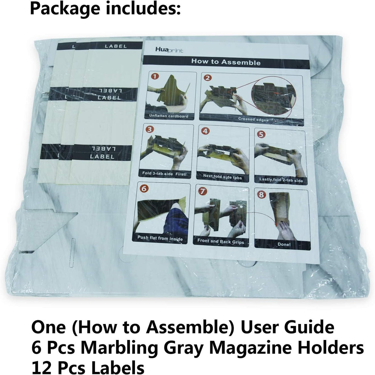 HUAPRINT Magazine Holder( 6 Pack, Marbling Gray) Cardboard Magazine File Holder-Folder Holder,Magazine Organizer,Document Organizer,Magazine Storage Box,With Labels