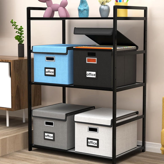 Upgraded Portable File Organizer Box with Lid, Collapsible Linen Hanging Filing Storage Boxes with Plastic Slides, Decorative Home/Office Filing System Box for File and Folders Storage (Gray)