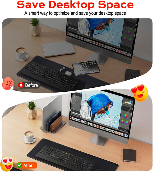 JCZT Vertical Laptop Stand, Walnut Dual Laptop Holder with Adjustable Aluminum Alloy Base Laptop Stand Compatible with All MacBok/Surface/Samsung/HP/Dell/Chrome Book (Silver)