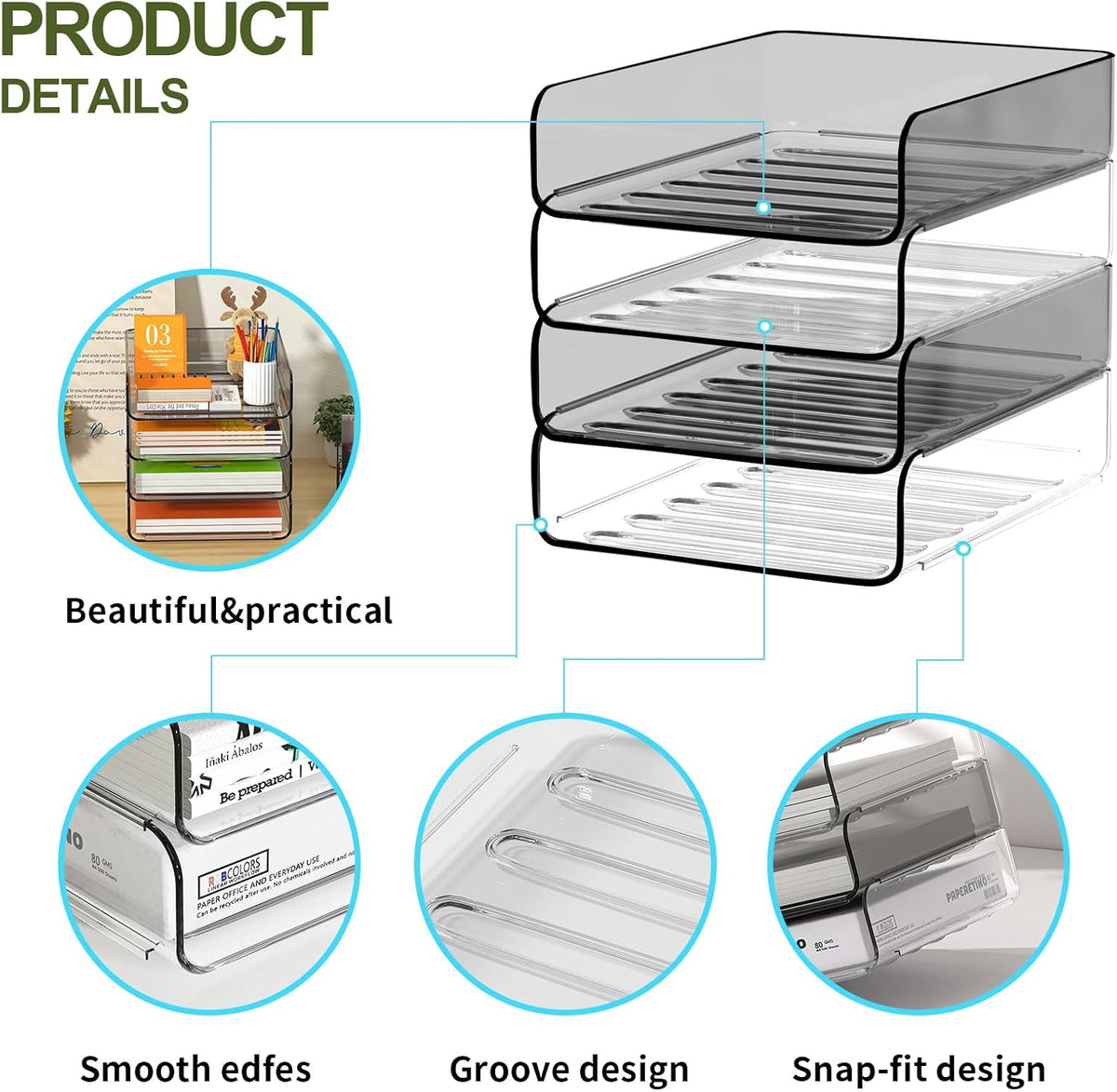 FANXIYQ 4-Tier Acrylic Paper Tray Organizer, Clear Stackable Desk File Organizer for Documents, Files, Letters, A4 Paper, Books, Notes, Mail & Paper Storage, Office Classroom Home