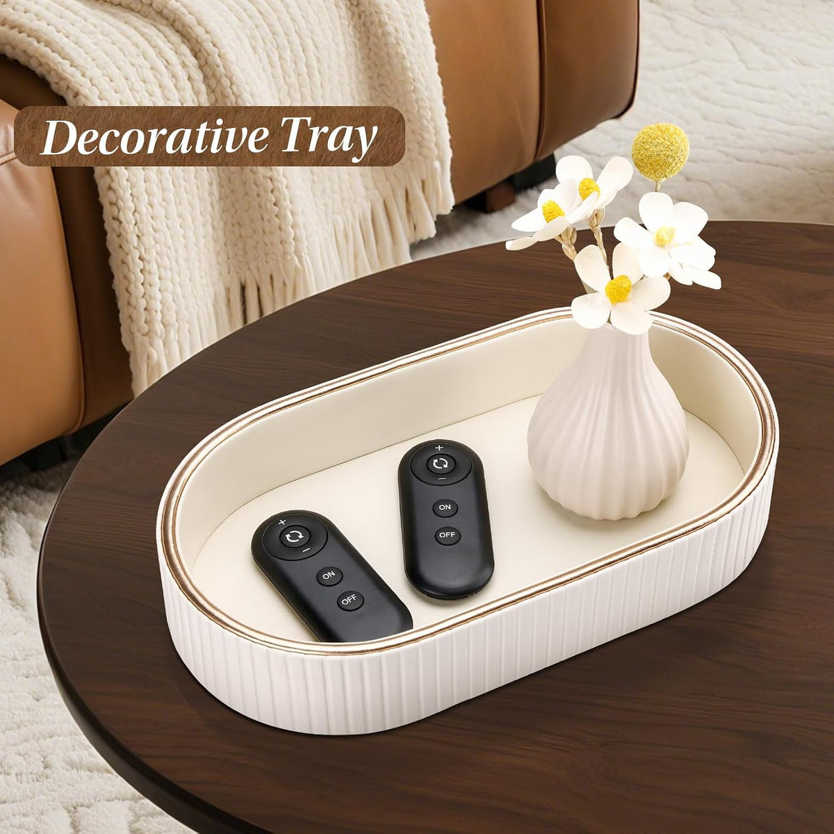 GORESE PU Leather Perfume Tray Nightstand Organizer, Small Oval Desk Tray Jewelry Trinket Trays Valet Organizer Key Bowl for Entryway Dresser Bathroom, Catchall Trays for Men Women, 11×5.9 in, Beige