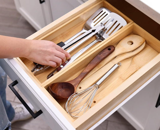 Fabsome Drawer Organizer, Set of 9 Bamboo Wood Kitchen Makeup Desk Junk Tea Drawer Storage Boxes Bins for Cutlery Silverware Utensils Flatware, Small Wooden Container Tray for Bathroom, Office