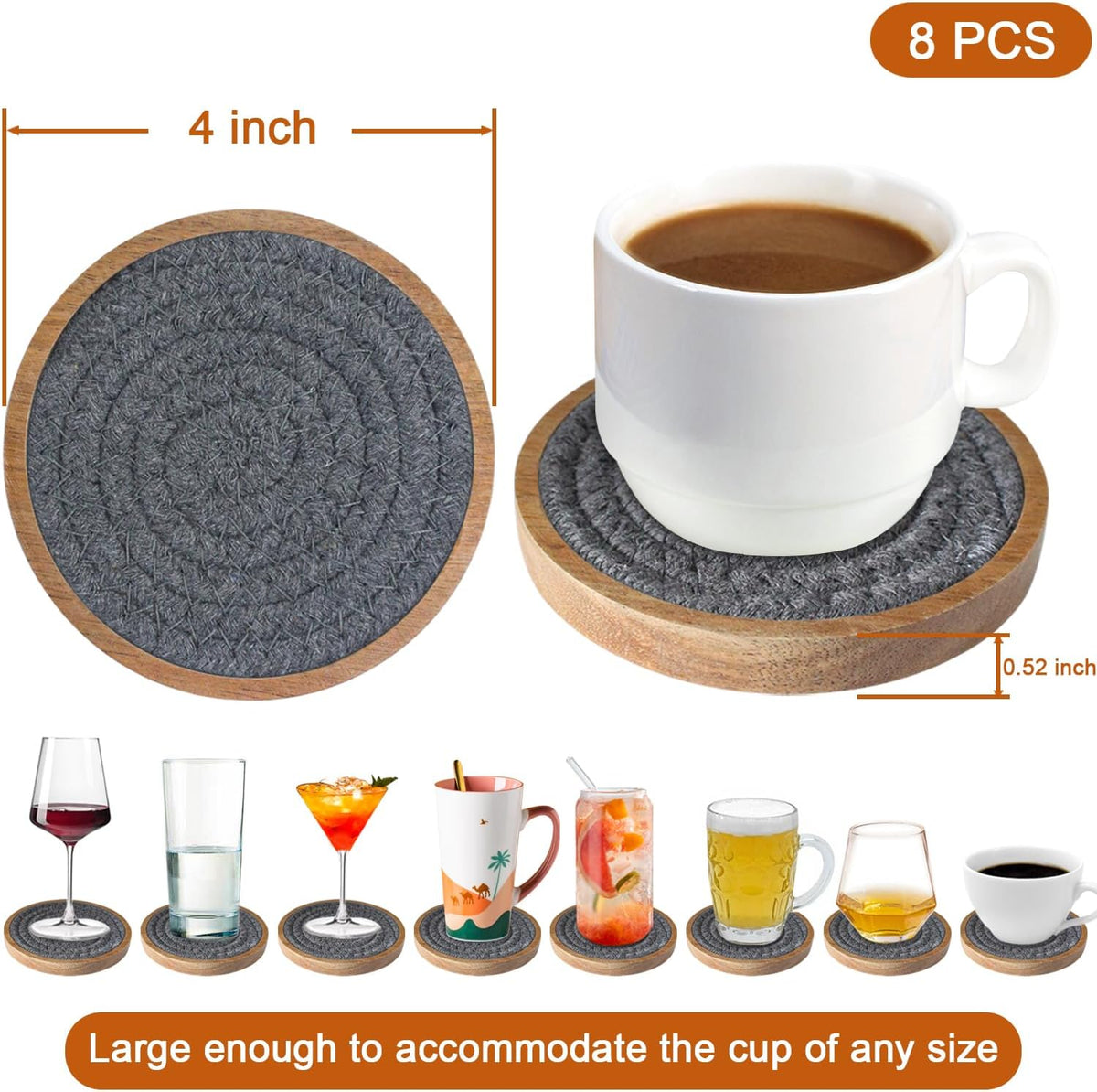 Wood Coasters for Drinks, Eykao Absorbent Coaster Sets of 5, Woven Drink Coasters for Coffee Table, Housewarming Gift for Farmhouse Home Decor,4 inches