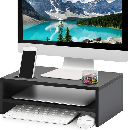 Marbrasse 16.5 Inch Monitor Stand, 2 Tier Computer Monitor Riser with Printer Shelf, Laptop Computer Screen Storage, Desktop Stand - Phone Holder & Cable Management (Vintage)