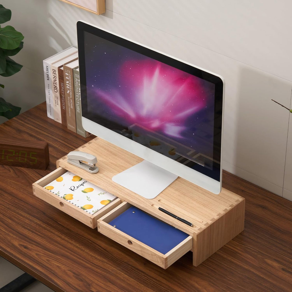 KIRIGEN Wood Monitor Stand with 2 Drawers, Solid Wood Computer Monitor Riser for Desk, Desktop Organizer Shelf with Cable Management, Pen Slots, Brown, No Assembly PMJ-DBR