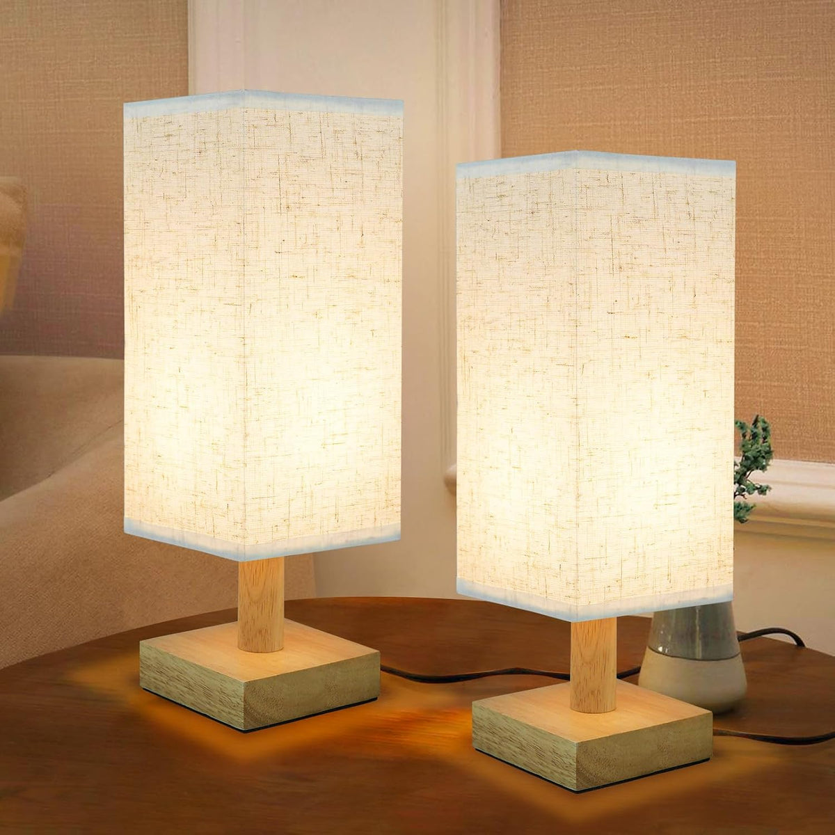 Small Bedside Table Lamp for Bedroom,Natural Round Wood Base&Fabric Linen Shade,Cozy Night Table Light for Study Reading,Minimalist Boho Desk Lamp for Nightstand,Living Room,Nursery,Kitchen,Dorm
