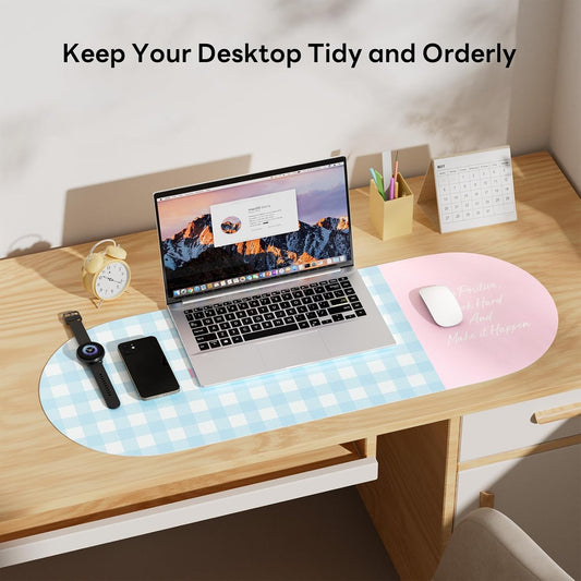 Checkered Pattern Desk Pad Protector, 35.5 x 13'' Aesthetic Mouse Mat for Desktop, Waterproof PU Leathe Non-Slip Desk Writing Pad for Office and Home, Green and Purple