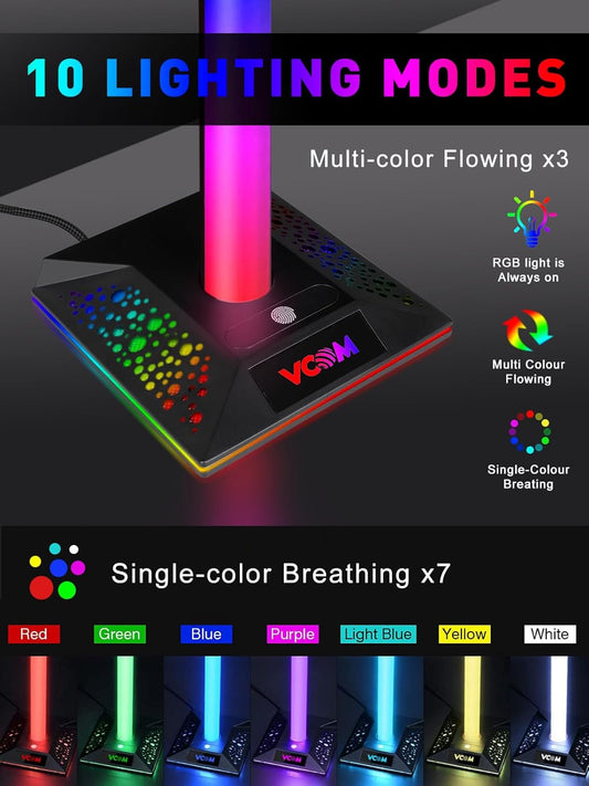 V VCOM RGB Gaming Headphones Stand with 2 USB Ports Headset Stand with 10 Light Modes and Non-Slip Rubber, Suitable for All Earphone Accessories, Best Gift for Husband, Kids, Boyfriend