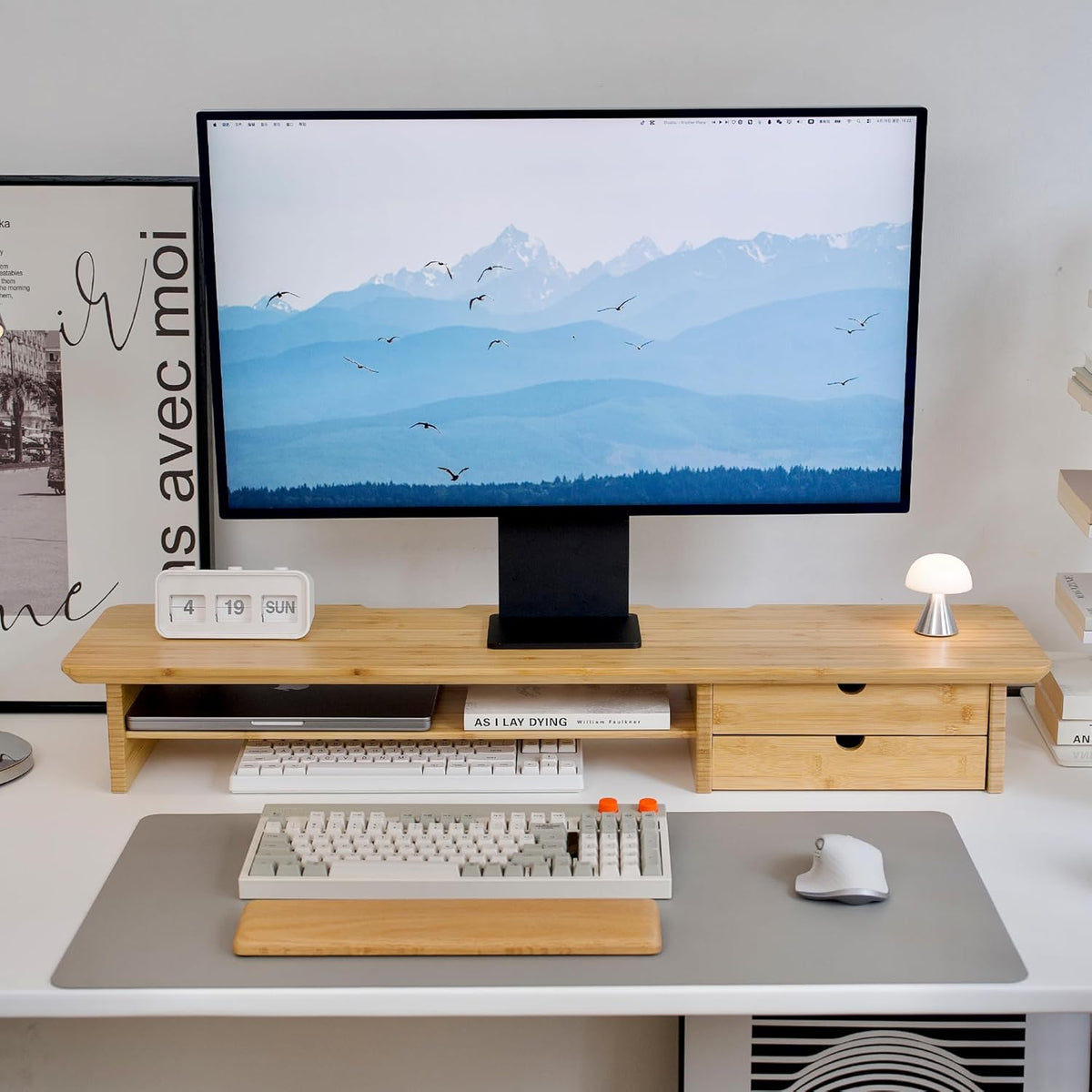 Bamboo Dual Monitor Stand, 39.3 inch Computer Monitor Riser with 2 Drawers, Desk Shelf with Cable Management for Home Office, Printer, Laptop