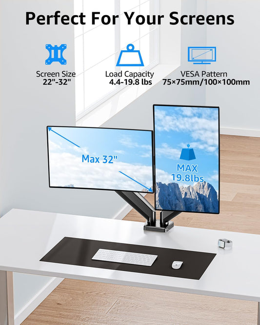 Dual Monitor Stand fits up to 32 inch, 4.4-19.8 lbs Computer Screens, Dual Monitor Desk Mount Height Adjustable, Monitor Arms for 2 Monitors, Home Office VESA Mounts, Freelift White