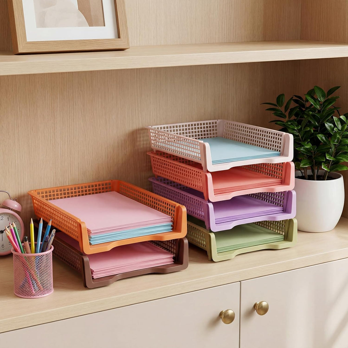 Tenceur 6 Pcs Turn in Trays Classroom, Pastel Paper Tray for Classroom Organization and Storage Stackable Plastic Book Baskets Teacher Organizers for Library Drawers Office Desk