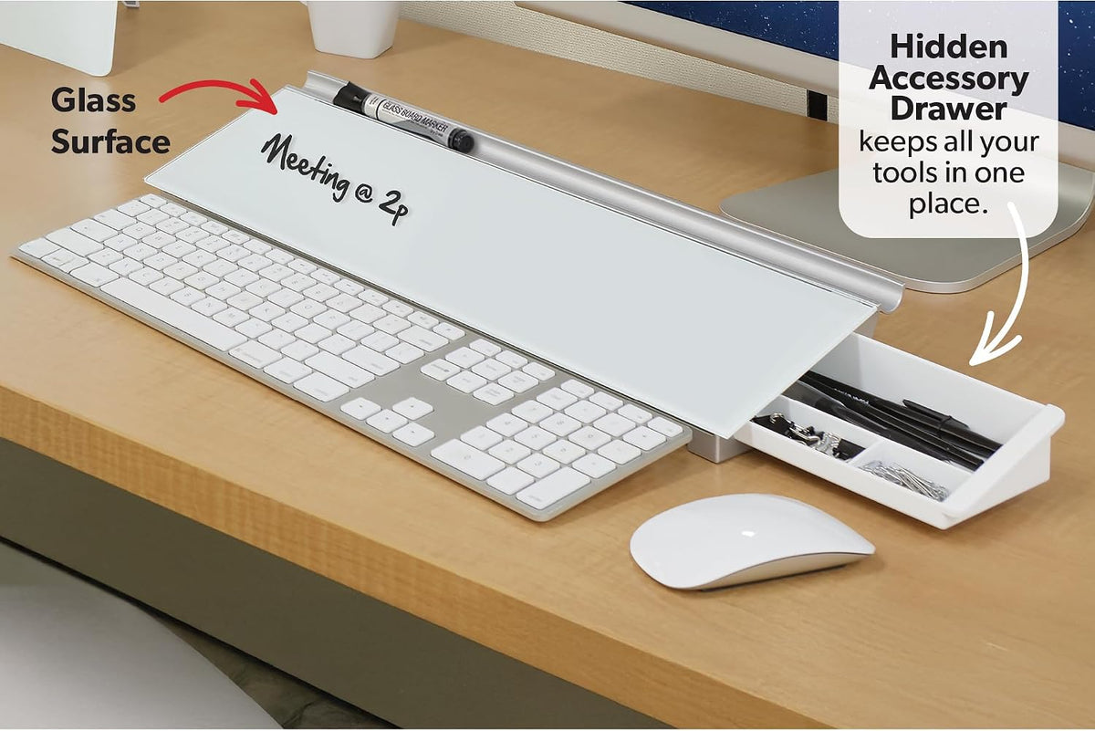 Quartet Glass Dry Erase White Board, Desktop Computer Pad for Notetaking, 18" x 6" Whiteboard, Clean Erase Surface with Storage, 1 Dry Erase Marker, White Surface (GDP186)
