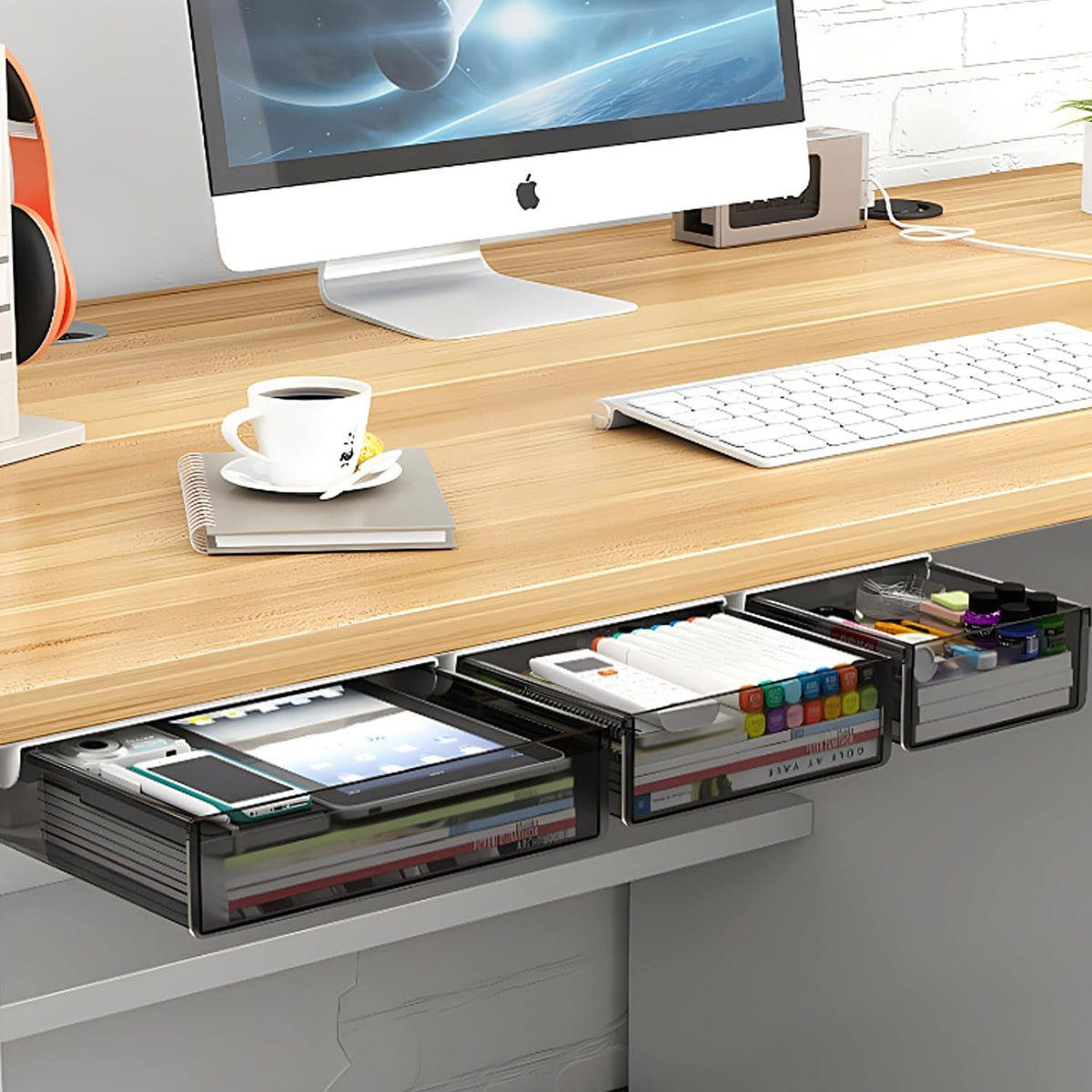 SVNNELP Under Desk Table Drawer Storage Organizer,3 Pack Large & Medium & Small Slide Out Desk Drawers - Hidden Desktop Organizer,Attachable Pencil Storage Tray Under Table(SML)