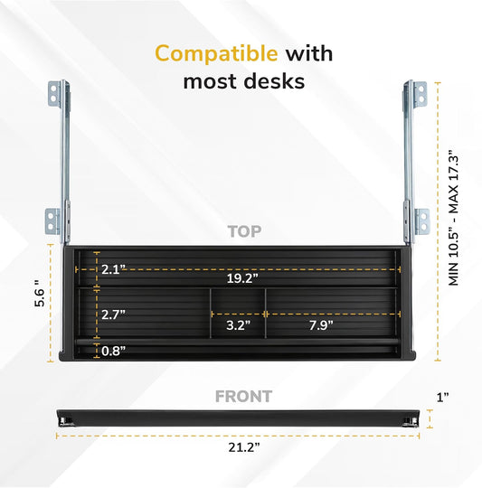 Mount-It! Under Desk Pencil Drawer | 21.25” W, Ball Bearing Slide-Out Organizer for Office Supplies, Paper & Pencils | Fits Desks Over 1” Thick, Adjustable Extension 16.25”–28”