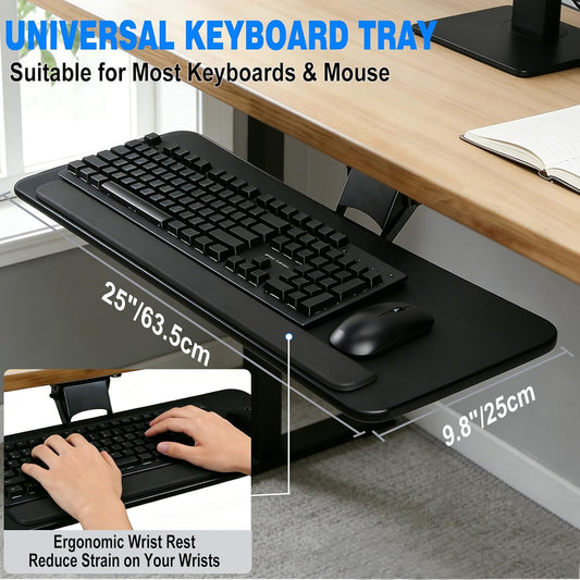 Keyboard Tray Under Desk,Adjustable for Height and Tilt, Adjustable Computer Keyboard & Mouse Platform Tray,25"W x 9.8"D Surface, Ideal for Home and Office Use