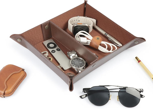 PU Vegan Leather Valet Tray for Men — Catchall EDC for Keys, Wallet, Watch, AirPods — Nightstand & Entryway Tray, Snap Corners Fold Flat for Travel, 9.45 x 7.87 in, Light Brown