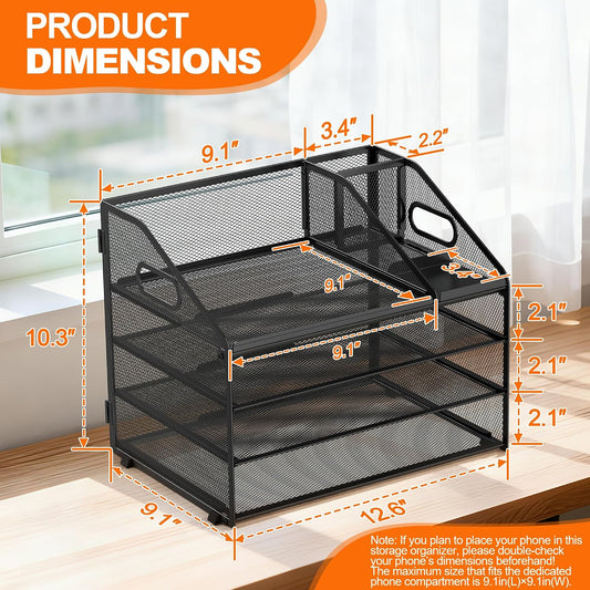 4 Tier Metal Mesh Desk File Organizer with Phone Shelf, Black