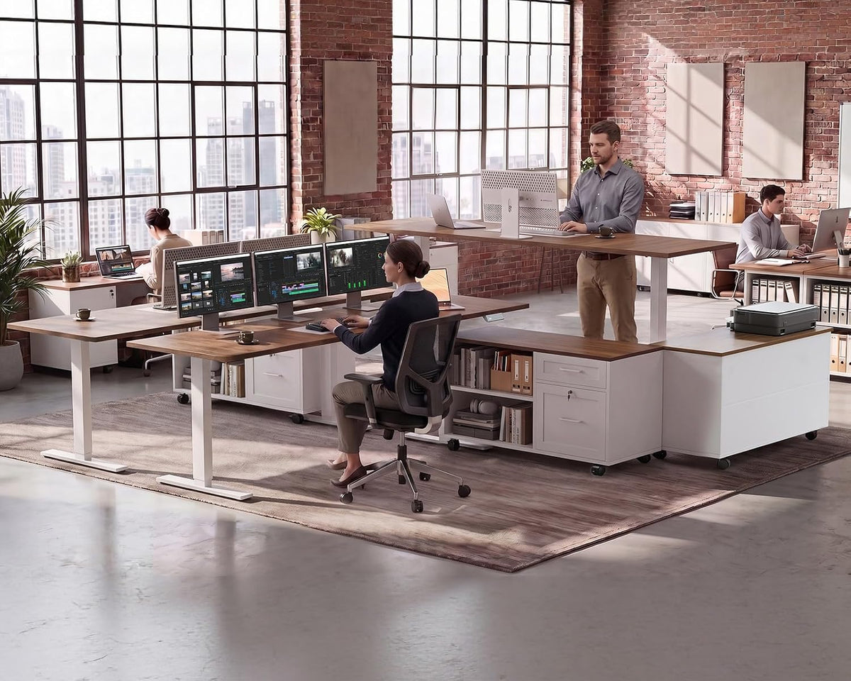 OffiGo 55" L Shaped Electric Standing Desk with Cabinet Sets, Walnut/Black