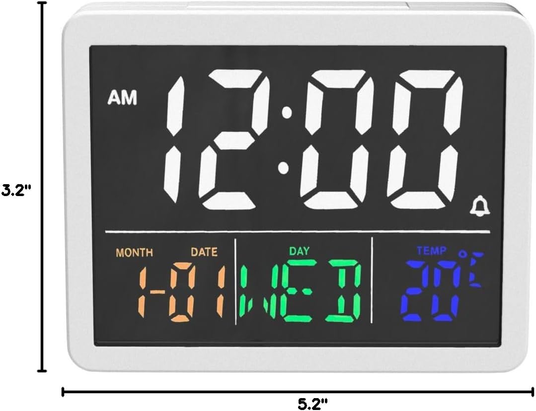 Digital Clock with Date Day for Seniors, Electric Alarm Clocks for Bedrooms with Temperature, 2 Alarms, Dimmer, Dual USB Charger, Battery Backup, Volume Control, Snooze, Bedside Desk Clock, Black
