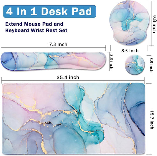 4-in-1 Gaming Mouse Pad Wrist Support Set,Desk Pad + Mouse Pad with Wrist Rest + Keyboard Wrist Rest + Coaster, Ergonomic Design for Home Office Study Game - Blue Marble