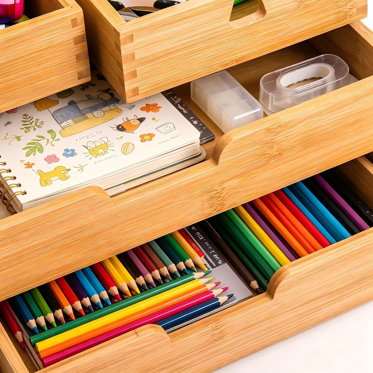 Bamboo Desk Organizer, 100% Natural Bamboo Desktop Drawer Organizer, Tabletop Storage Cabinet Organization Box with 4 Drawers for Makeup, Letter, Home Office Supplies, 3-Layer, Fully Assembled