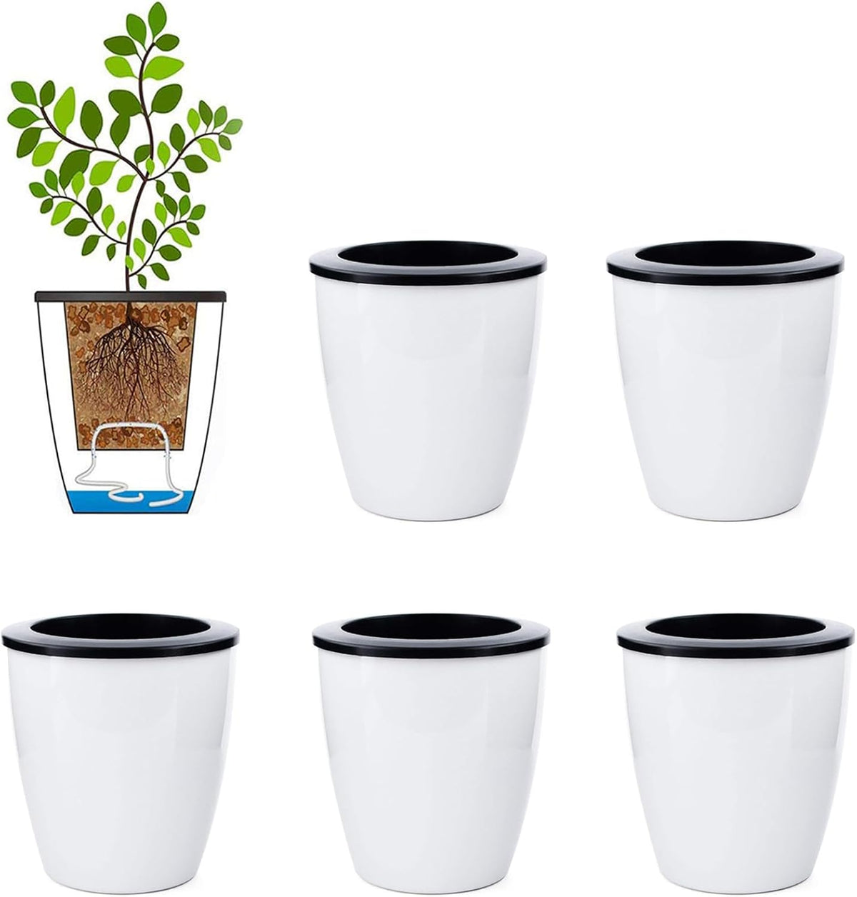 2 Pcs 3.5“ Self Watering Planter White Flower Pot, Flowers Plants, Small Mini Planter Pot, for All Plants, Herbs, African Violets, Succulents