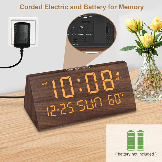 Digital Alarm Clock for Bedrooms - Wooden Desk Clock with Date
