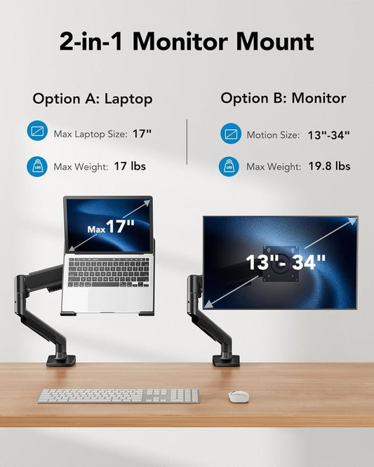 2 in 1 Function Laptop Mount with Tray, Fits 13-34″ Monitors & Up to 17″ Notebook, Ergonomic Laptop Arm with Full Motion Adjustment, Laptop Stand for Desk, VESA 75x75mm/100x100mm