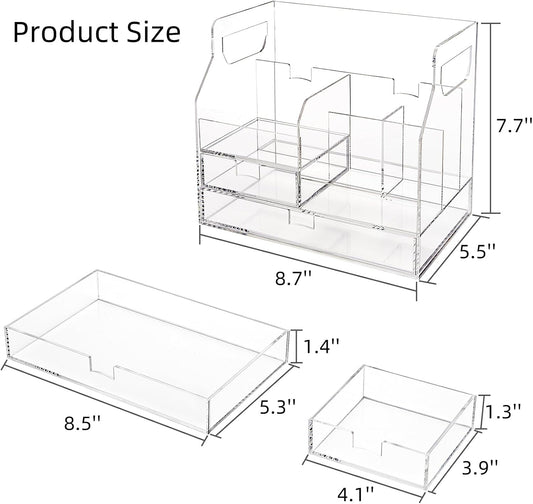 Acrylic Desk Organizer with 7 Compartments, Clear Desktop Storage with 2 Drawers for Office Supplies, Pen Holder, Stationery Caddy, Makeup Brushes, Transparent Organizer for Home School