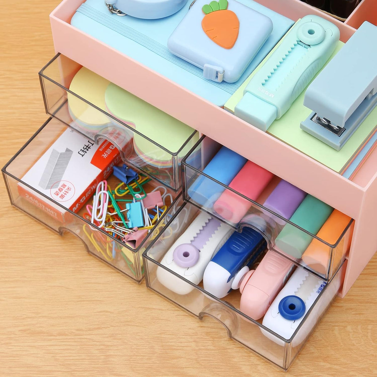 Desktop Organizer with Drawer, Accessories Stationary Organizer Desk Caddy, Pen/Pencil/Business Card/Sticky Note Tray/Paperclip Holder Storage Box (White)