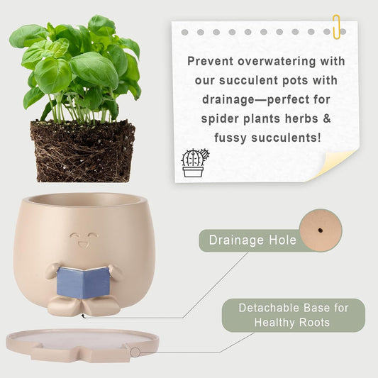 Bookworm Planter Pot with Drainage Cute Plant Pots for Succulents & Small Plants | Teacher Gifts Housewarming|Book Lover Gift, Indoor Planters | Christmas Teacher Gift Mother Dad Appreciation