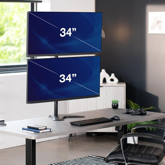 Dual Monitor Desk Stand Free-Standing LCD Mount, Holds in Stacked Vertical Position 2 Ultrawide Screens up to 34 inches, Black, STAND-V002L