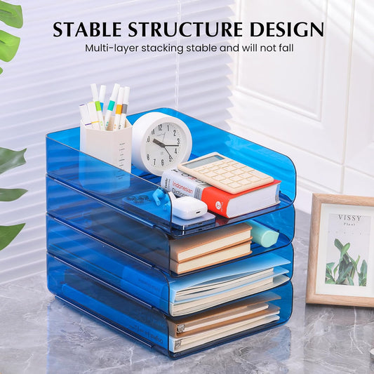 CiWiVOKi 4 Trays Paper Organizer Letter Tray, Acrylic Clear PET Desk File Organizer, Stackable Paper Holder Sorter for Desk Accessories, Files, Documents, iPad, Books, A4 Size, No Assembly Required