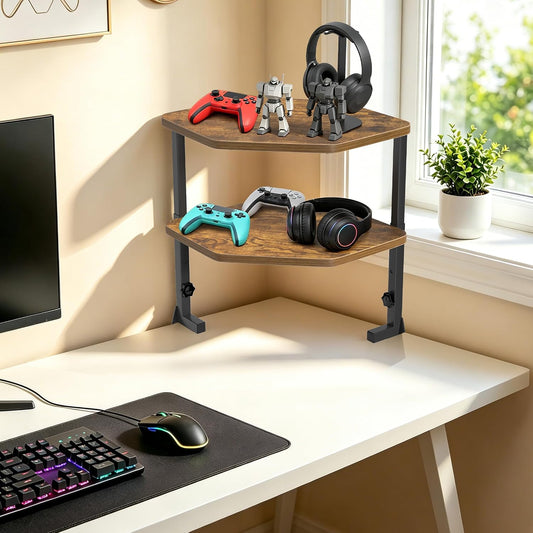 Corner Clamp-on Shelving Above or Below Desk 2 Tier 16 inch Organizer for Table Accessories, Gaming Devices and More