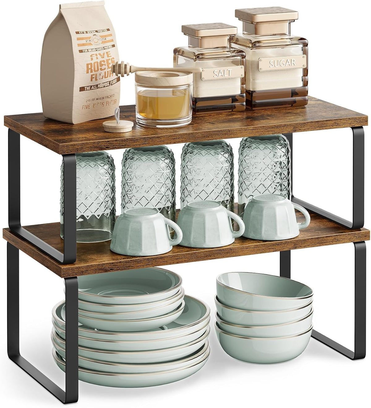 SONGMICS Cabinet Organizer Shelf, Set of 4 Kitchen Counter Shelves, Kitchen Storage, Spice Rack, Stackable, Expandable, Metal and Engineered Wood, Cloud White and Natural Beige UKCS010N01