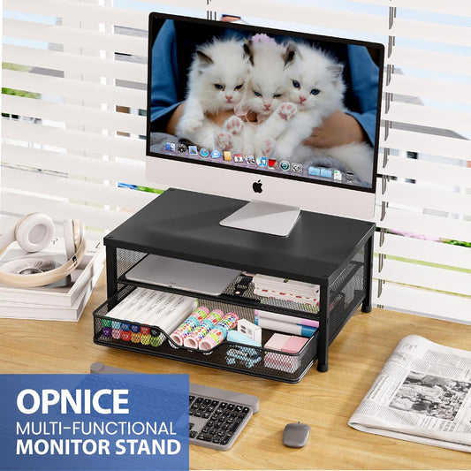 OPNICE Desk Organizers and Accessories, Computer Monitor Stand Riser with Drawer and 2 Pen Holders, Printer & Laptop Stand, Office Desk Accessories & Workspace Organizers for Home Office Supplies, Black