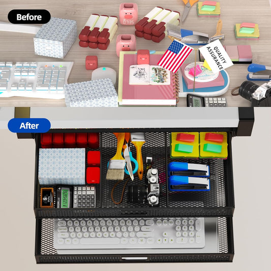 Under Desk Drawer Organizer No Drill Metal Under Desk Storage Drawer Container 2 Slide Out Cabinet Drawer Suitable for Home And Office (Extra Large)