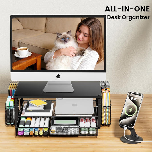 Desk Organizer and Accessories with Cellphone Holder, Height Adjustable 2-Tier Computer Monitor Stand Riser with Drawer and 2 Pen Holders,Office Desk Accessories for Office Supplies, Black