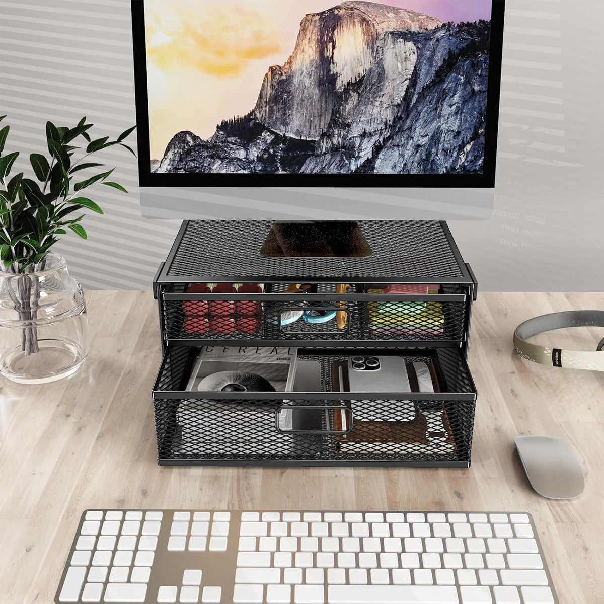 Under Desk Drawer Organizer No Drill Metal Under Desk Storage Drawer Container 2 Slide Out Cabinet Drawer Suitable for Home And Office (Medium)