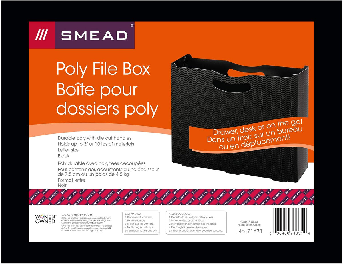 Smead Poly File Box, 3" Expansion, Die-Cut Handles, Letter Size, Black Wave Pattern (71631)