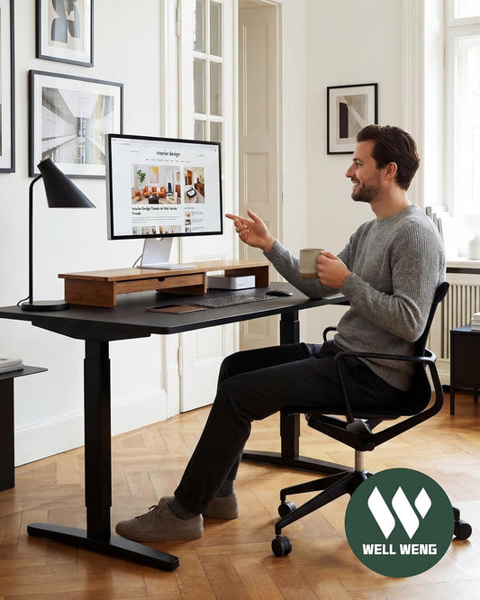 Bamboo Monitor Stand with Large Storage Drawer,23 Inch Ergonomic Computer Riser for Desk, Holds Up to 220lbs, Screen Shelf with 5 Compartments for Keyboard & Stationery Organization