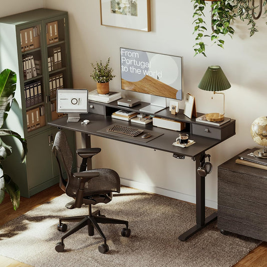 48 * 24 Inch Electric Standing Desk with Shelf & Led, Dark Walnut