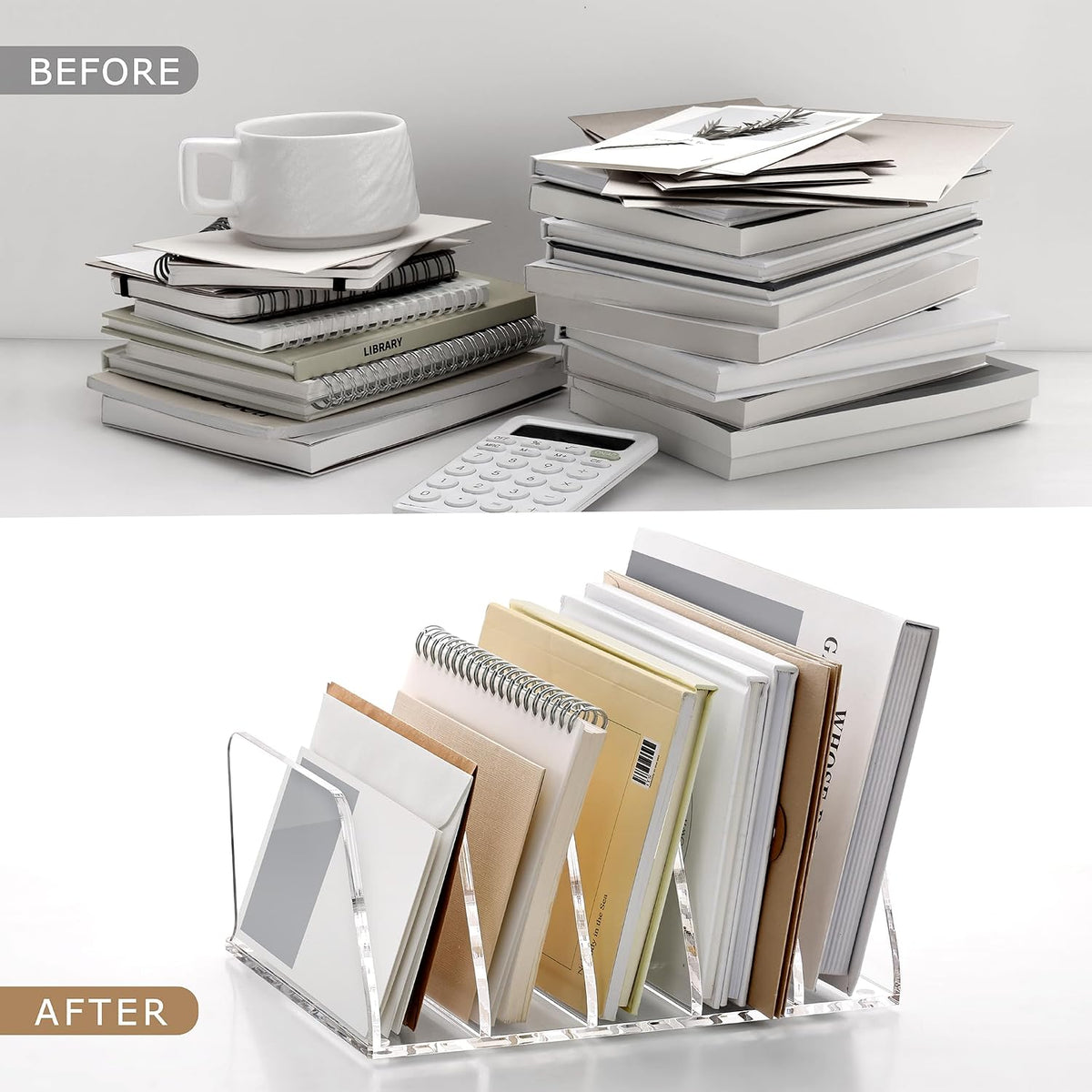 SANRUI Acrylic Mail Sorter Desktop Organizer Holder with Drawer, 5 Compartments Clear Small File Script Letter Document Storage for Desk Bill Filling Envelope Holder Office, Home, School Organization