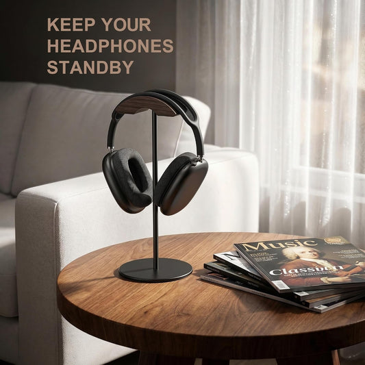Headphone Stand, Walnut Wood & Aluminum Headset Stand, Nature Walnut Gaming Headset Holder with Solid Heavy Base for All Headphone Sizes (Gold)