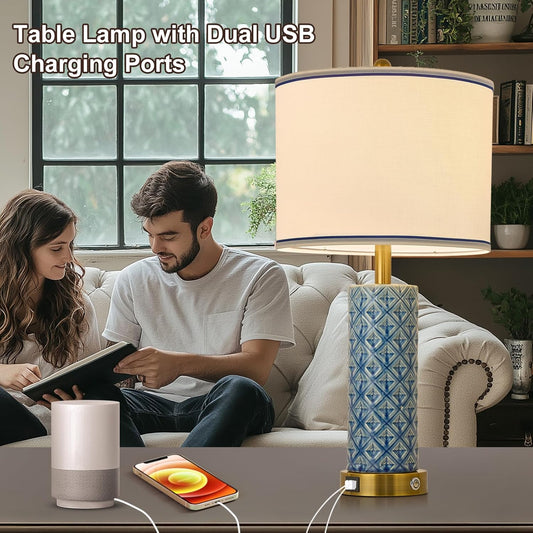 Small Bedside Table Lamp for Bedroom - Reading Desk Lamp with 3 Color Temperatures,15.5" Nightstand Ceramic Lamp with Fabric Shade for Kids Room,Living Room,Dorm,Home Office (Green)
