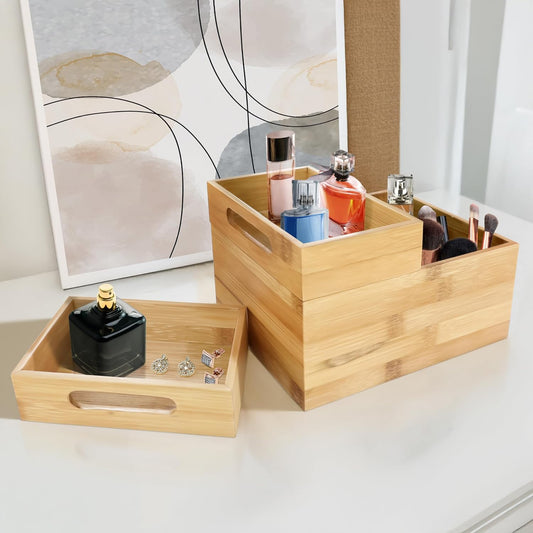 3-Piece Stackable Bamboo Storage Box, Large Storage Bin, Wooden Boxes for Makeup Drawer Organizer Bathroom, Office Supplies, Kitchen Utensils, Bamboo Storage Containers (Medium)