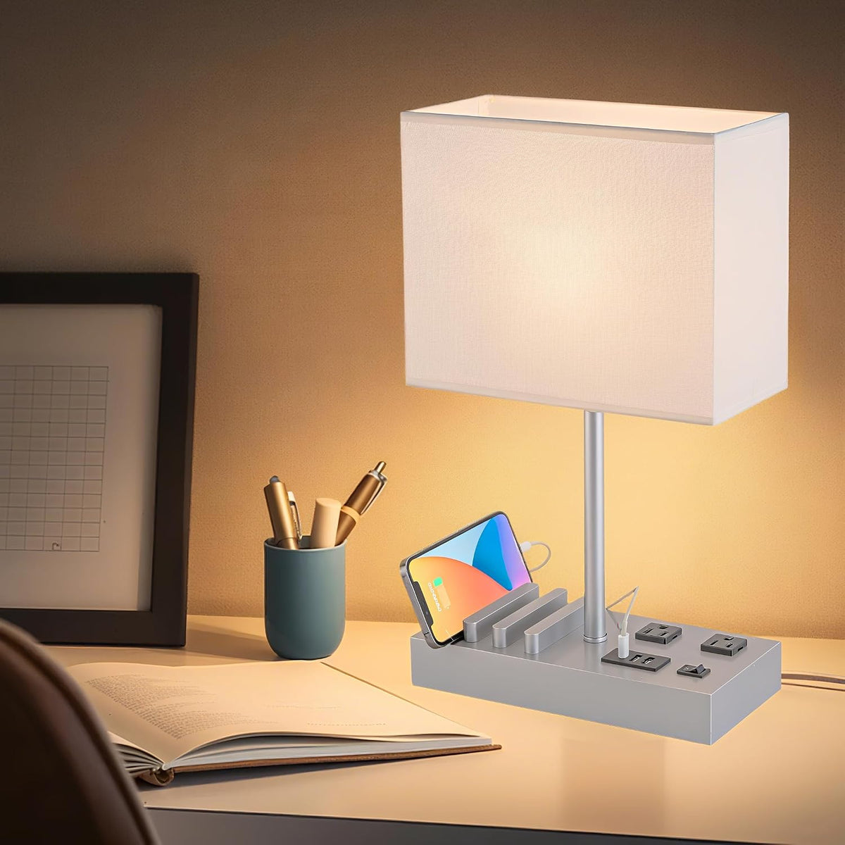 Dreamholder Desk Lamp with 3 USB Charging Ports, Table Lamp with 2AC Outlets and 3 Phone Stands, Nightstand Bedside Lamp with Natural Wooden Base and Cream Linen Shade