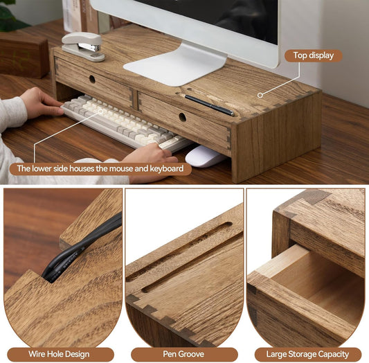 KIRIGEN Wood Monitor Stand with 2 Drawers, Solid Wood Computer Monitor Riser for Desk, Desktop Organizer Shelf with Cable Management, Pen Slots, Brown, No Assembly PMJ-DBR