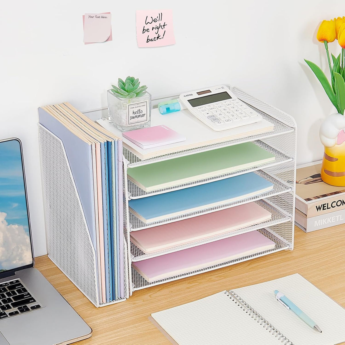 OPNICE Desk Organizers and Accessories, 5-Tier Paper Organizer Letter Tray with Magazine Holder, Office Desk Accessories & Workspace Organizers, Desktop File Organizer for Office Supplies, Black